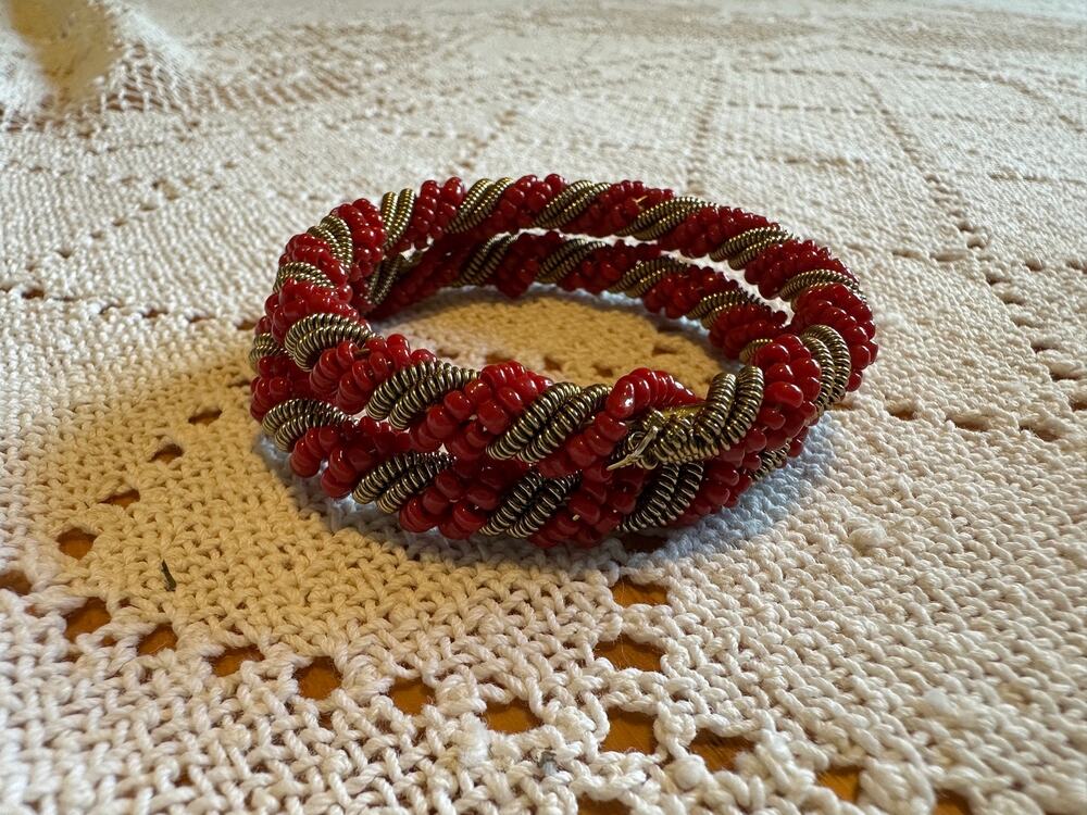 Red Seed Bead Twisted Wire Bangle Bracelet Set 2 Coiled Rope Boho